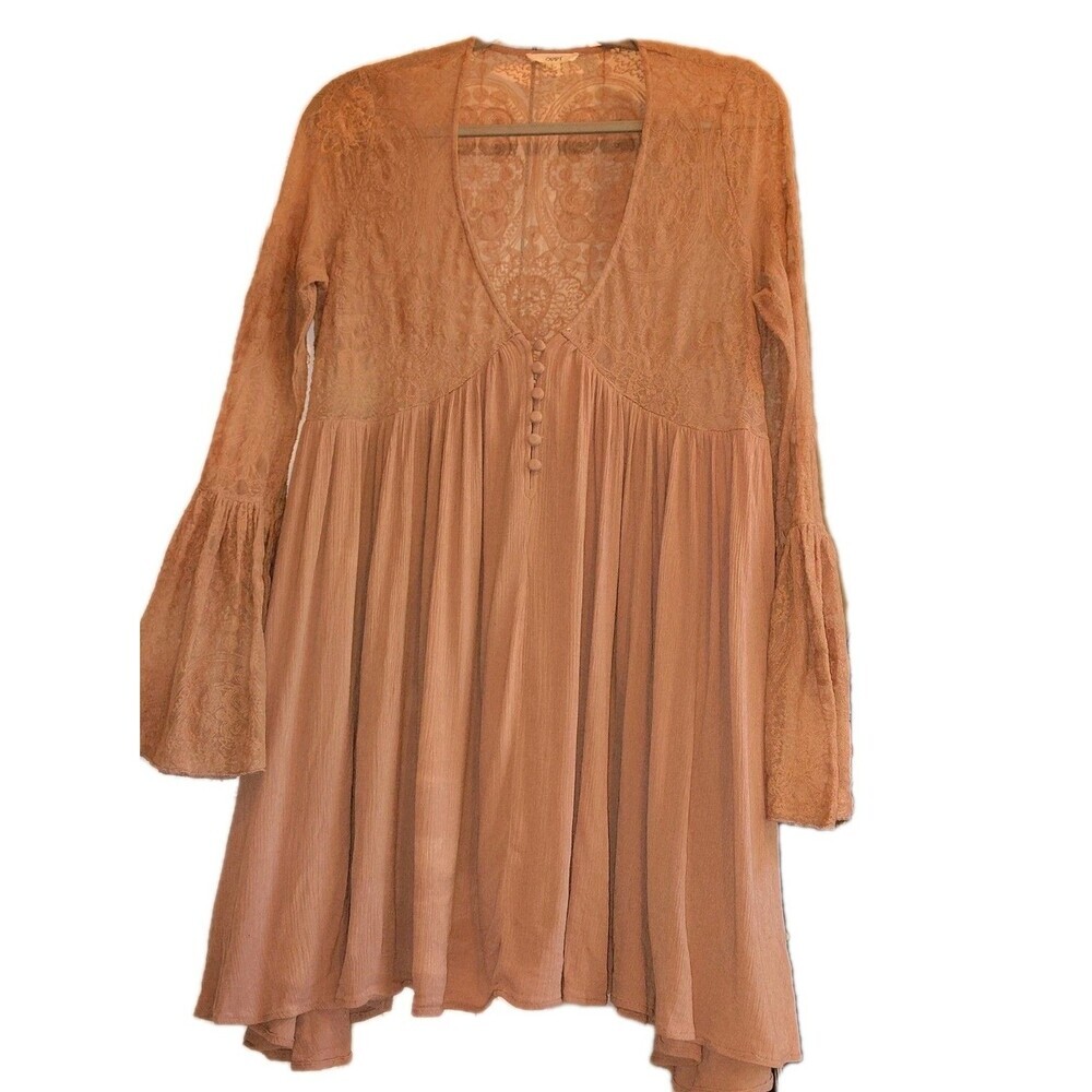 ODDI Boho Lace Bell Sleeve Mini Dress L Dusty Rose Deep V-Neck Babydoll Plunge